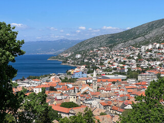 View of the town of Senj in the Kvarner Bay and residential houses on the slopes of Velebit from Nehaj fortress - Croatia (Pogled na grad Senj u kvarnerskom zaljevu i kuće na obroncima Velebia)