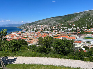 View of the town of Senj in the Kvarner Bay and residential houses on the slopes of Velebit from...