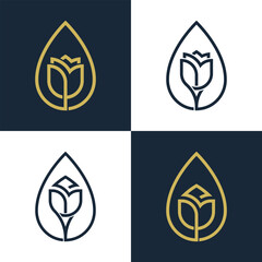 Rose Water Drop Flower Floral Logo Concept icon sign symbol Element Design. Cosmetics, Jewellery, Beauty salon, Jewelry, Boutique, Spa, Tulip Logotype. Vector illustration template