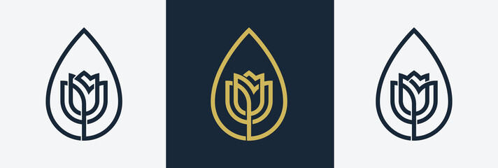 Rose Water Drop Flower Floral Logo Concept icon sign symbol Element Design. Cosmetics, Jewellery, Jewelry, Beauty salon, Boutique, Spa, Tulip Logotype. Vector illustration template