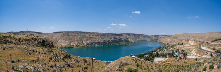 Fototapeta na wymiar Aerial panoramic view of Halfeti district of Sanliurfa