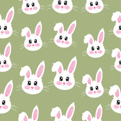 Seamless pattern with happy cute funny kawaii little bunny on green background. Colorful background texture for print, kids, children's clothing, wallpaper, textile, baby fabric