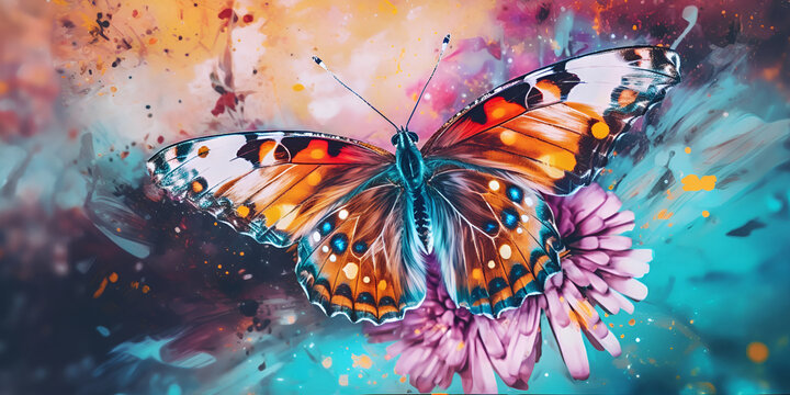Colorful watercolor banner with butterfly and floral background. Generative AI