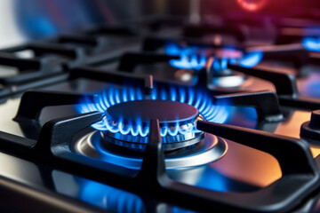 Blue kitchen gas stove flame in kitchen, black cast iron frame near, closeup detail. Generative AI - obrazy, fototapety, plakaty