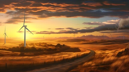 Obraz premium Sundown Serenade: Windmill against a Setting Sun: AI generated 