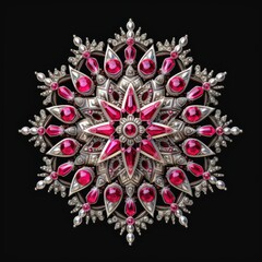 Digital Illustration of a Beautiful Delicate Snowflake Made from Gemstones, Isolated on Black, generative Ai
