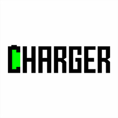 Charger word design with battery symbol on letter C.