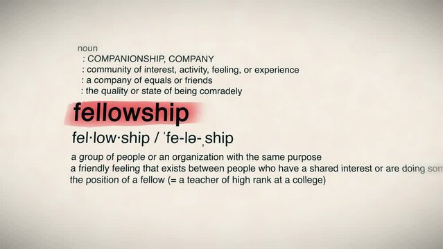 The Word Fellowship Red Highlighted in a Dictionary Animation