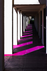 White stucco columns creating dark shadows on magenta colored exterior walkway. 