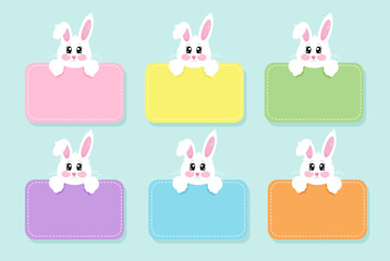 Collection of sweet kawaii cute flat design web stickers, tags, banners and labels collection with white bunny. Scrapbook notes, diary, page notebook, daily planner and cards. Stationery for kids
