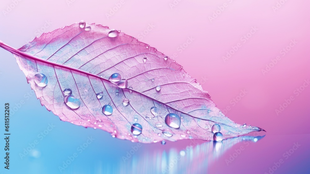 Poster the close-up of transparent skeleton leaf with water drops on beautiful texture in a blue and pink b