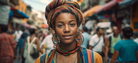 Portrait of a young beautiful caribbean girl on street. Image generative AI.