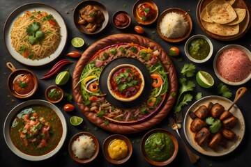 Fototapeta na wymiar Group of Indian food includes shakshuka. generative ai