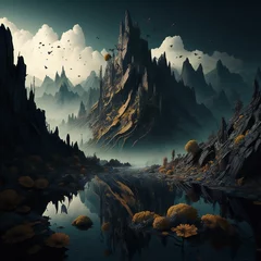  Fantasy landscape with fantasy mountains and lake. generative ai © Turan