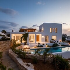 Fototapeta premium White holiday villa with pool, generative ai