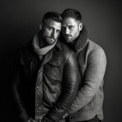Black and white image of gay male couple in loving embrace, generative Ai