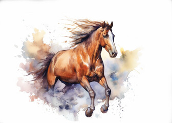 Artist portrait of running horse in watercolor, isolated on white. Developed with generative ai
