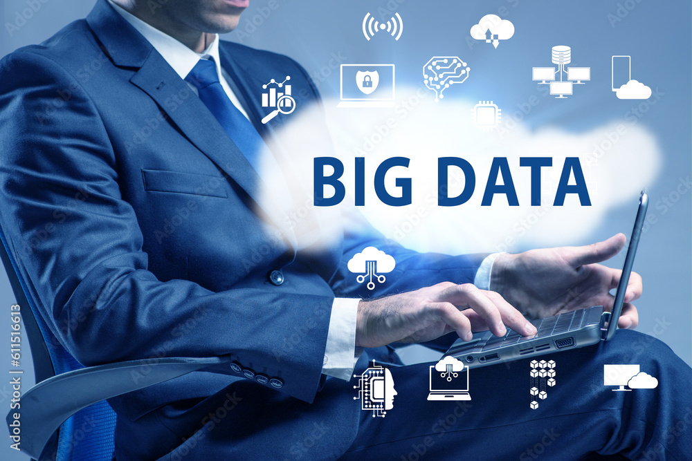 Poster big data concept with business people pressing virtual buttons