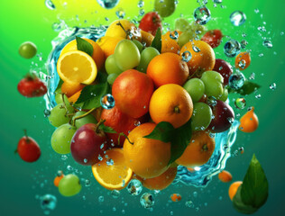 Obraz na płótnie Canvas Variety of Fruits falling into the water with splashing