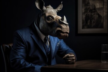 Anthropomorphic rhinoceros dressed in a suit like a businessman. Business Concept. AI generated, human enhanced