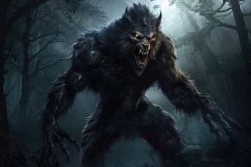 Scary Werewolf in a Dark Forest for Halloween. Generative AI