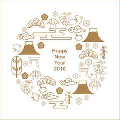 Japanese icon vector. template, postcard, poster, card for New Year celebration. There are Fuji mountain, cloud, wave, bush, flower, bamboo. 