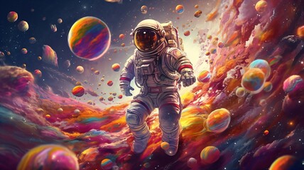 Flying Astronaut or spaceman on candy outer space