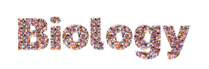 Large group of people forming word Biology. School subject. University course. People standing together. A crowd of male and female characters. Flat vector illustration isolated on white background. 