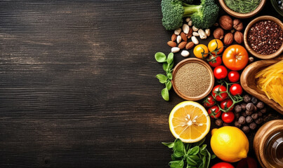 Obraz na płótnie Canvas Frame of organic food. Fresh raw vegetables on black background
