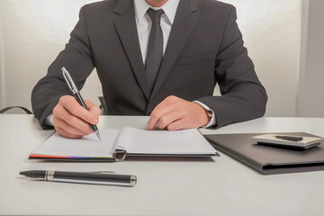 Uma pessoa sentada em uma mesa de escrit&oacute;rio, com um livro aberto e uma caneta na m&atilde;o. A pessoa est&aacute; focada em seu estudo e o ambiente &eacute; limpo e organizado