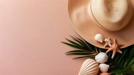 Straw hat with a exotic cocktail and sunglasses on pastel background