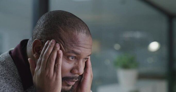 Black man in business, stress and headache with tired businessman working late and corporate burnout. Anxiety, migraine and male person with professional crisis, pain and brain fog with mockup space