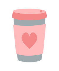 Pink reusable cup for hot drinks with lid and heart. Travel coffee mug. Tumbler cup, vacuum flask mug with lid. Paper coffee cup. For greeting card, print, sticker. Illustration for valentine's day.
