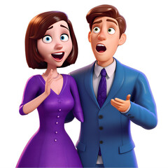 A cartoon of a man with a purple tie and a woman in a purple dress looking happily surprised on a transparent background png isolated Generative Ai