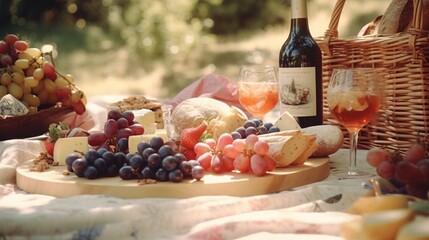 Picnic inside the Nature, Campaing, Trees, Grapes and other Fruits inside and near the Basket. Generative AI.