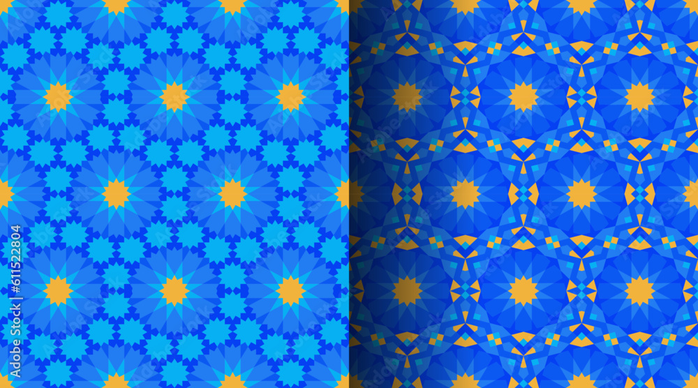 Poster unique colored islamic decorative two patterns. blue and yellow geometric pattern background with fu