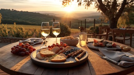 Classic Dinner Table in Campaign, Farmland with Sunset as a Background