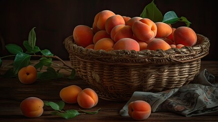 a bunch of apricot in a bamboo basket with blur background