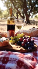 Picnic inside the Nature, Campaing, Trees, Grapes and other Fruits inside and near the Basket. Generative AI.