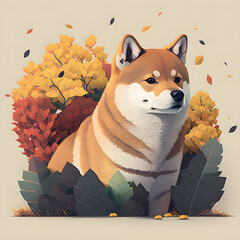 Shiba Inu dog cute illustration in nature Generative AI