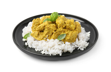 Delicious rice and chicken with curry sauce isolated on white