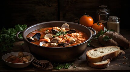 Fototapeta na wymiar Spicy red cioppino soup with clam meat on a black plate and blur background