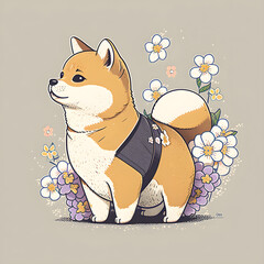 Shiba Inu dog cute illustration with daisy flowers Generative AI