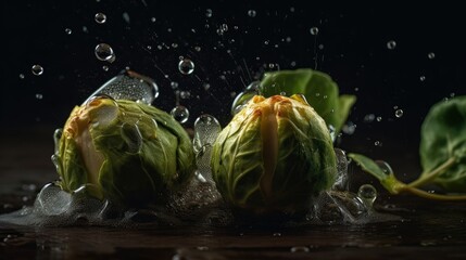 Obraz premium Brussels Sprouts hit by splashes of water with black blur background and perfect viewing angle