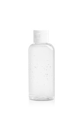 Transparent bottle with cosmetic product on white background