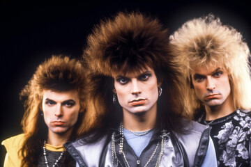 Heavy metal band from the 1980s with big hair and makeup. Glam musicians from the 80s. 