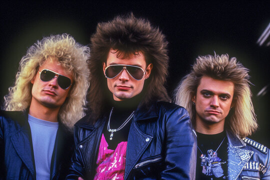 Glam rock band portrait in the 1980s. Big hair and makeup. 