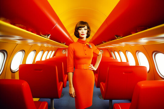 Woman stands in vibrant orange airplane cabin. The plane is vintage or retro with bright colors from the 1960s. 