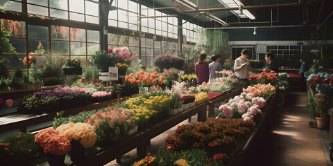 Beautiful flower shop garden flowers and plants greenhouse Generative AI