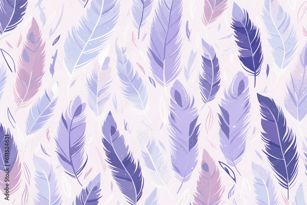 Wall mural pattern featuring minimalistic and stylized illustrations of feathers. ai generative